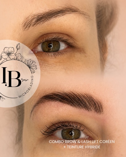 Avant / après d'un combo brow lift et lash lift coréen avec teinture hybride : sourcils structurés et cils recourbés.