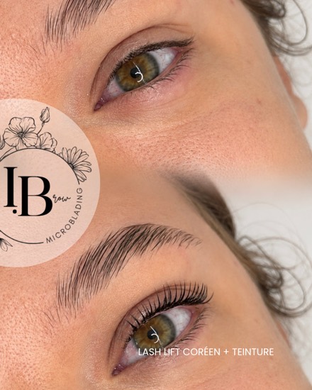 Avant / après lash lift coréen avec teinture : des cils droits recourbés dès la racine, l'œil visiblement plus ouvert.